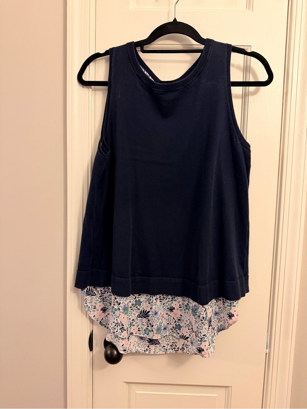 LOFT Navy Sleeveless Layered Tank with Floral Print Hem